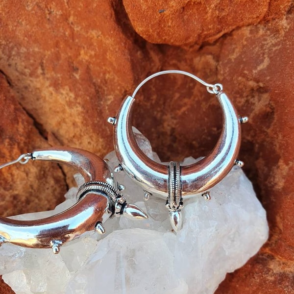 Tribal warrior solid hoop earrings, handmade gypsy earrings, tribe earrings, boho earrings, handmade silver jewelry, silver hoop earrings