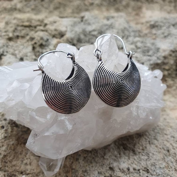 Mini spiral 𖦹 handmade earrings, gypsy earrings, tribal pattern hoop earrings, boho earrings, handmade jewelry, silver plated earrings