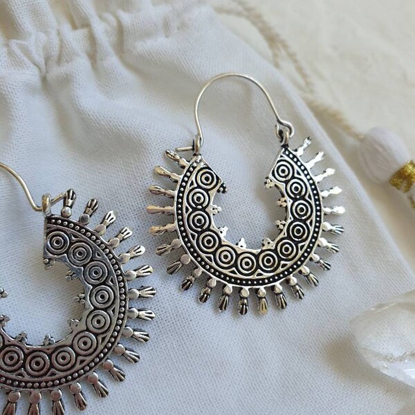 Sol⊹ silver gypsy hoop earrings, handmade jewellery, handmade tribal earrings, intricate earrings, delicate boho earrings, gypsy jewelry