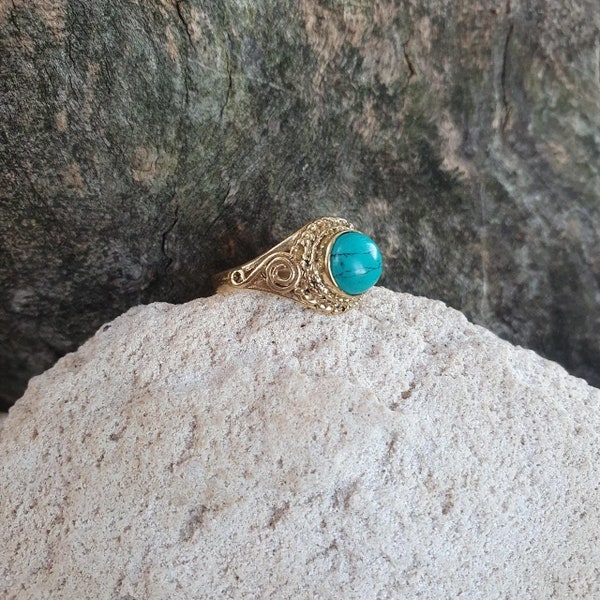 Turquoise stone brass ring, handmade gold ring, bohemian fine jewelry, gypsy jewelry, dainty crystal ring, tribal jewelry, gold jewelry