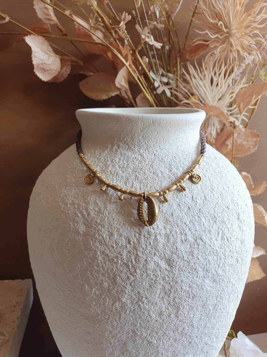 Sultan Shell SULTAN Macrame Cowrie Shell Necklace, Spiritual Handmade Brass ...