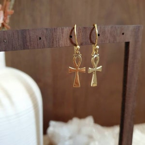 Ankh~ egyptian eternal life symbol, ancient earrings, ethnic earrings, small delicate earrings, handmade gold earrings, brass jewellery