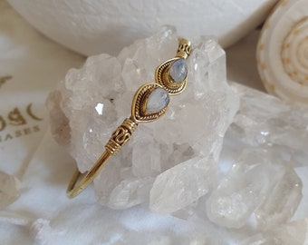 Moonstone gold bracelet, gypsy bangle, gemstone jewelry, boho gypsy jewelry, adjustable bracelet, crystal bracelet, handmade brass bracelet