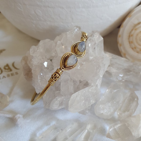 Moonstone gold bracelet, gypsy bangle, gemstone jewelry, boho gypsy jewelry, adjustable bracelet, crystal bracelet, handmade brass bracelet