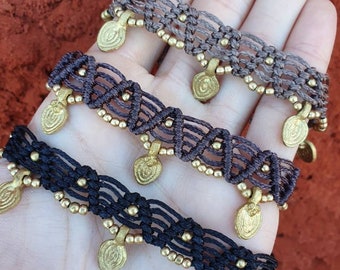 Zaina• Macrame ankle bracelet, handmade linhasita cord anklet, boho ankle bracelet, macrame brass jewelry, body jewelry, jingle gypsy anklet