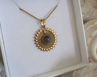 Sunflower⊹ Labradorite stone necklace, delicate handmade gemstone crystal pendant, spiritual boho gypsy gold delicate solid brass necklace