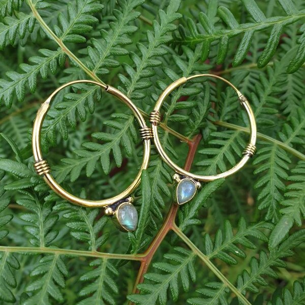 Kalash⊹ Labradorite stone gold hoop brass earrings, spiritual jewelry, boho earrings, gypsy jewelry, bohemian jewelry, handmade earrings