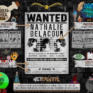 May include: A digital poster with a wanted sign for Nathalie Delacour, a known Death Eater, convicted murderer, and escapee from Azkaban. The poster is in a Harry Potter theme with a brick wall background and various magical symbols. The poster is available in JPG and PDF format.