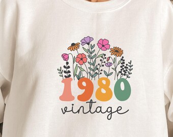 Vintage 1980 Svg, Flower Birthday Shirts Design, 1980 Birthday Gift, Birthday Svg, Birthday Decor, Limited Edition, 1980 png, Sublimation