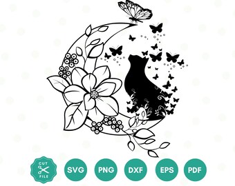 Floral Cat SVG, pliki SVG Cat dla Silhouette Cameo i Cricut Floral Animal, Floral Cat Silhouette SVG, Wildflower Cat Clipart, Butterfly, Moon