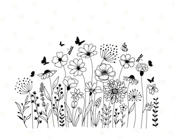 Wildflower Svg, Flower Meadow Svg, Butterfly, Floral SVG, Minimalist Flower Png, Wildflower Clipart, Sublimations, Botanical Garden png