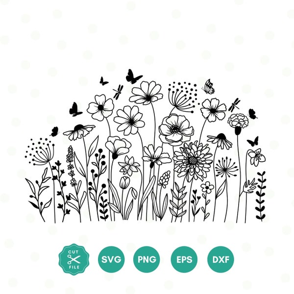 Fleurs sauvages Svg, Svg prairie de fleurs, papillon, SVG floral, fleur minimaliste Png, Clipart fleurs sauvages, sublimations, jardin botanique png