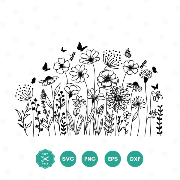 Wildflower Svg, Flower Meadow Svg, Butterfly, Floral SVG, Minimalist Flower Png, Wildflower Clipart, Sublimations, Botanical Garden png