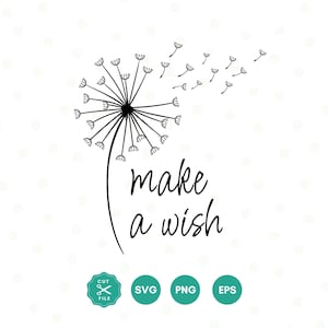 May include: Black and white illustration of a dandelion with seeds blowing in the wind. The text "make a wish" is written below the dandelion.