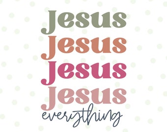 May include: A digital design featuring the word "Jesus" in olive green, peach, magenta, and dusty rose, repeated four times. The word "everything" is written below in a dark blue script font. The bottom of the image reads "PNG DIGITAL DESIGN" in a yellow banner.