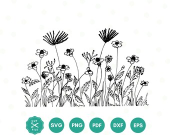 May include: Black and white line art illustration of a field of wildflowers. The flowers are drawn in a simple, stylized manner, with delicate stems and petals. The illustration is perfect for adding a touch of nature to any design project.