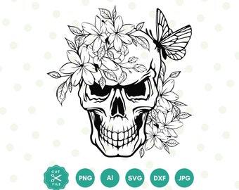 Skull Svg file, Flower Skull Svg, Skull cut file, Floral Skull Svg, Sugar skull, Halloween, Skull with roses, Skull butterfly, Skull decor