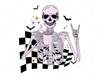 Halloween-skelett som dricker kaffe png, skelett png, sublimeringsdesign, skelettkaffe, kaffemugg, kaffe png, Halloween, kaffekopp png
