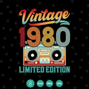 May include: Vintage 1980 limited edition graphic with a retro boombox in rainbow colors. The text is in a bold, stylized font.