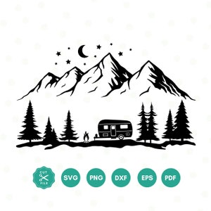Camper SVG, Camper en el bosque, Camper con fogata svg, Pinos svg, Camping svg, Rv svg, Bosque estrellado svg Camper en el bosque, Happy Camper