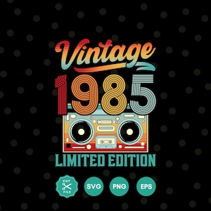 May include: Vintage 1985 Limited Edition graphic with a retro boombox design in rainbow colors. The text is in a bold, stylized font.