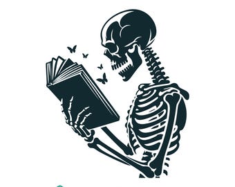 Esqueleto leyendo un libro Svg, esqueleto Svg, amante de los libros, esqueleto Png, diseño de camiseta de esqueleto, gótico, archivos Svg para Cricut, diseño de Halloween