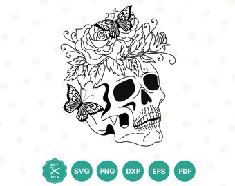 Blumen-Schädel-Svg, Schädel mit Schmetterling, Schädel-Schnitt-Datei, Floral-Schädel-Svg, Halloween, Skelett-Svg, svg-Dateien für Cricut, Schädel-Shirt, Png