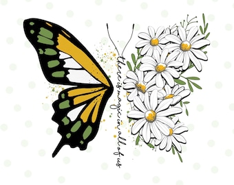 Butterfly Daisy Sublimation, Butterfly Png, Flower Png, Sublimation Designs, Transparent Digital File, Butterfly clipart, Instant Download