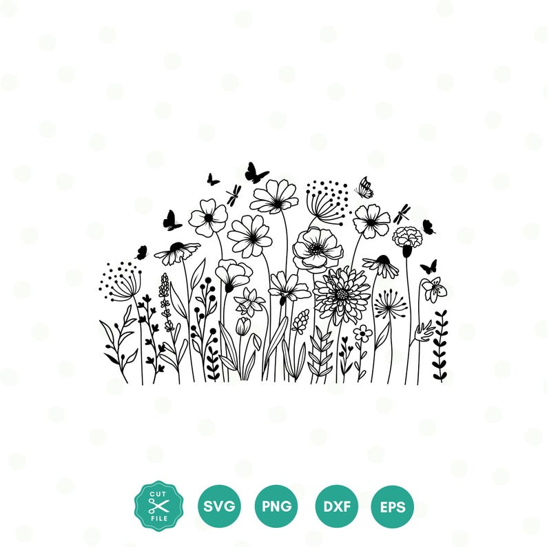 Wildflower SVG, bloemenweide SVG, vlinder, bloemen SVG, minimalistische bloem png, wilde bloemen clipart, sublimaties, botanische tuin png afbeelding 1