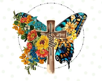 Glaube Sublimation, Schmetterling Kreuz Sublimation, Glaube Png, christlicher Png, religiöses Clipart, Sublimationsentwürfe, Blumenkreuz Schmetterling