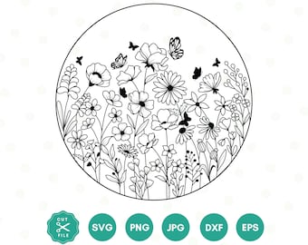 以下が含まれることがあります： 様々な花と蝶で満たされた円を描いた白黒の線画イラスト。花のテーマのクラフトプロジェクトを作成するのに最適なデザインです。