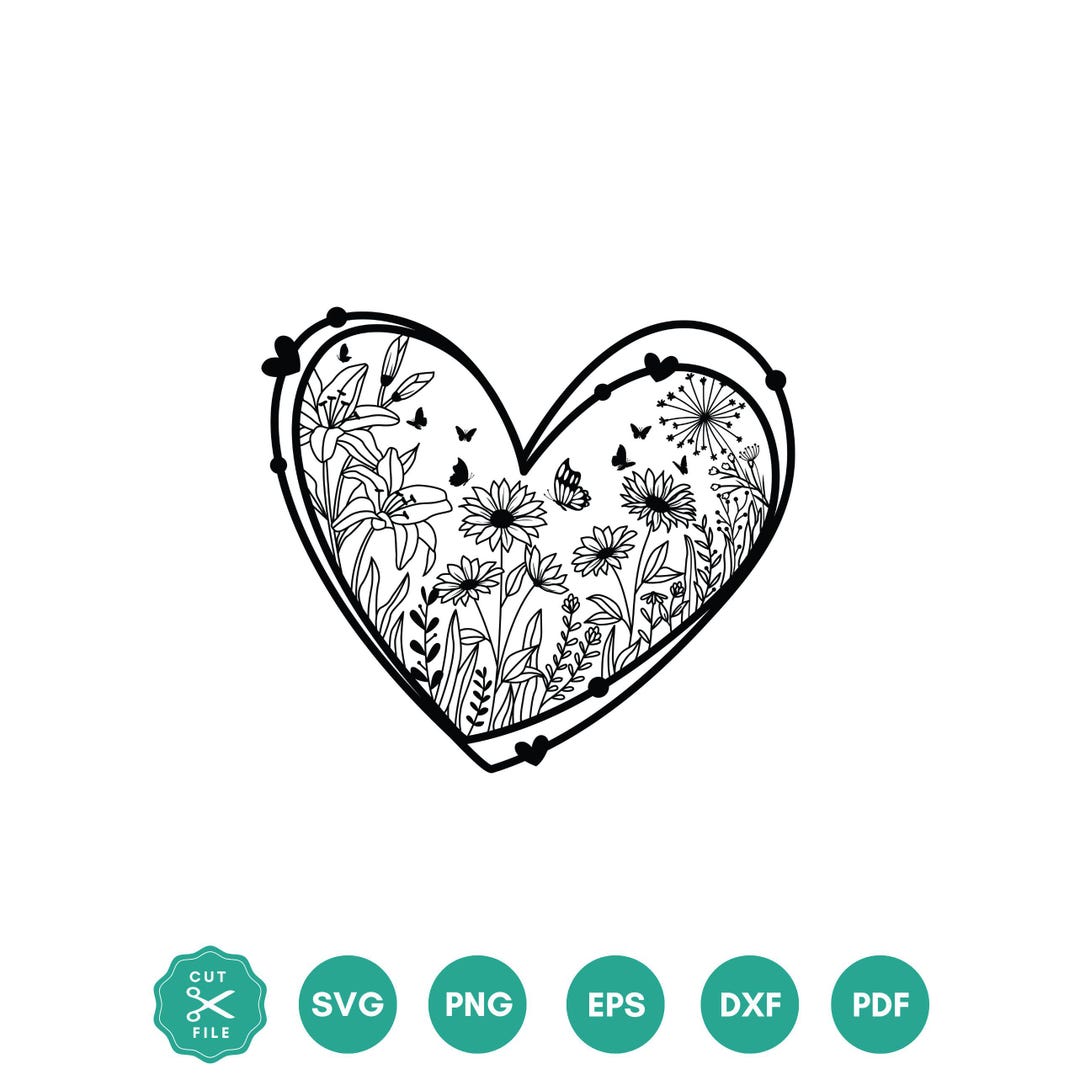Flower Heart SVG Design, Heart SVG for Cricut, Heart Wreath SVG, Cut ...