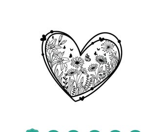 Bloem hart SVG-ontwerp, hart SVG voor Cricut, hartkrans SVG, gesneden bestand, wilde bloem, png, clipart, sublimatie, digitale download