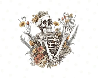 Squelette floral vintage Png, Fleurs Png, Png motivant, Conception squelette, Dead Inside Png, Png effrayant, tête de mort png, motifs par sublimation