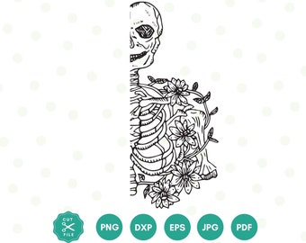 Floral Half Skeleton Png, Skeleton Png, Flower Skull Png, Halloween Png, Gothic, Half Skeleton Png, Skull Png, Skeleton Graphic
