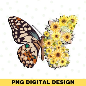 Retro Sunflower Butterfly Sublimation, Butterfly Png, Sunflower Png, Sublimation Designs, Instant Download, Butterfly clipart, Hippie Decor