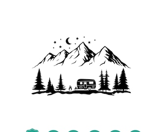 Camper SVG, Camper in Woods, Camper with Campfire svg, Pine Trees svg, Camping svg, Rv svg, Starry Forest svg Camper in Forest, Happy Camper