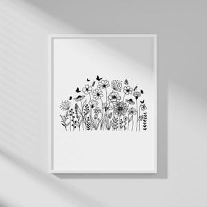 Op de afbeelding: Zwart-witte lijntekening van een bloemenveld met vlinders. De bloemen zijn gestileerd en hebben een speelse uitstraling.