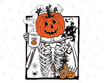 Pumpaskelett som dricker kaffe png, skelett png, sublimeringsdesigner, skelettkaffe, kaffemugg, kaffe png, Halloween, kaffekopp png