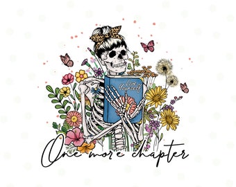 Esqueleto de lectura de libros PNG / Arte de esqueleto / Diseño de camiseta gótica / Sabiduría floral / Arte de libros / Sublimación / Arte de flores silvestres / Amante de los libros Png