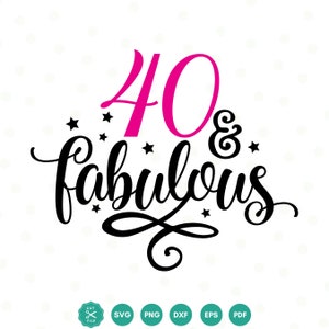 以下が含まれることがあります： 「40 & fabulous」というテキストが筆記体で書かれた白黒のグラフィックデザイン。数字の40はピンク色です。