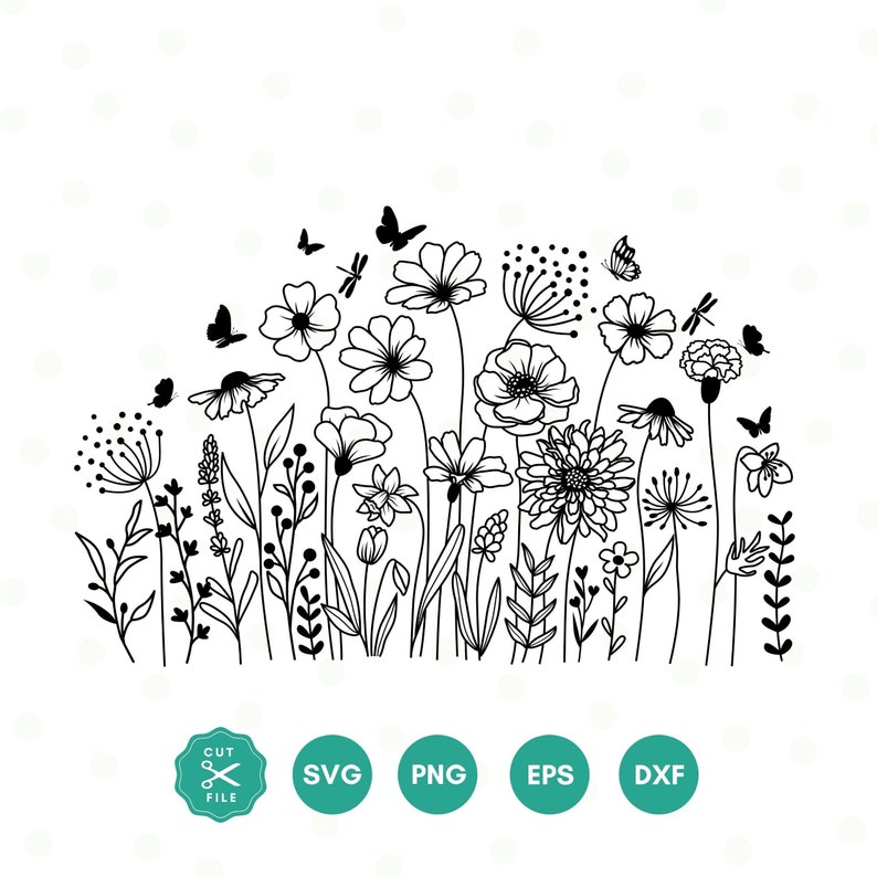 Op de afbeelding: Zwart-witte silhouet van een veld met wilde bloemen met vlinders en libellen. De bloemen zijn in verschillende vormen en maten, en de vlinders en libellen vliegen eromheen.