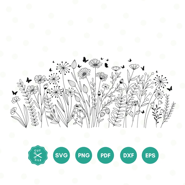 Wildflower Svg, Flower Meadow Svg, Butterfly, Floral SVG, Minimalist Flower Png, Wildflower Clipart, Sublimations, Botanical illustration
