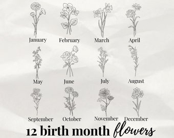 Birth Month Flowers Bundle svg, Birth Flowers illustration, Floral clipart, Botanical svg, Rose, Daisy, Poppy, Birthday graphics, Png