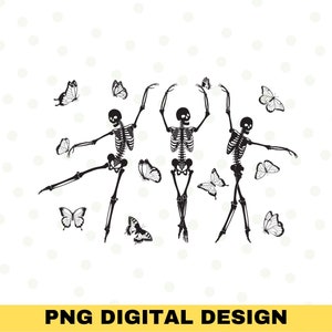 May include: Three black skeleton figures dancing with butterflies in a white polka dot background.
