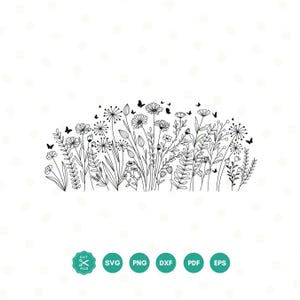 Wildflower Svg, Flower Meadow Svg, Butterfly, Floral SVG, Minimalist Flower Png, Wildflower Clipart, Sublimations, Botanical illustration