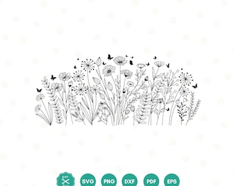 Wildflower SVG, bloemenweide SVG, vlinder, bloemen SVG, minimalistische bloem png, wilde bloemen clipart, sublimaties, botanische illustratie
