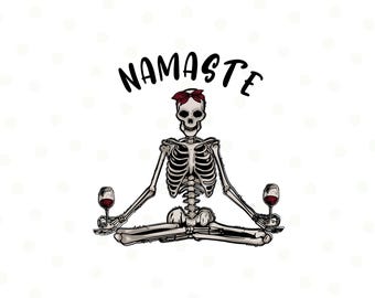 Skelett trinkt Wein Png, Namaste Skelett Png, Sublimationsdesigns, Skelettwein, lustige Wein Sublimation, Weinliebhaber, Halloween Png