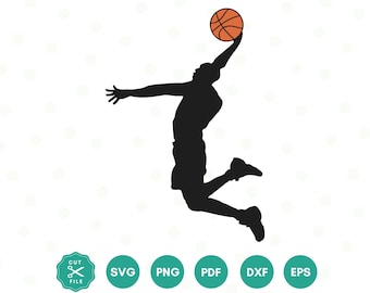 バスケットボール選手のボールの輪郭、ダンクシュート、バスケットボール選手、シルエット、クリカット、Png、昇華デザイン用のSVG、DXF、EPSベクターファイル