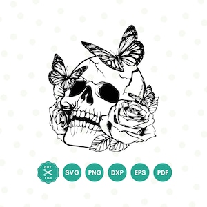 Fichier Skull Svg, Flower Skull Svg, Skull cut file, Floral Skull, Halloween Svg, Gothique, Crâne avec roses, Crâne avec papillon, Skull cricut